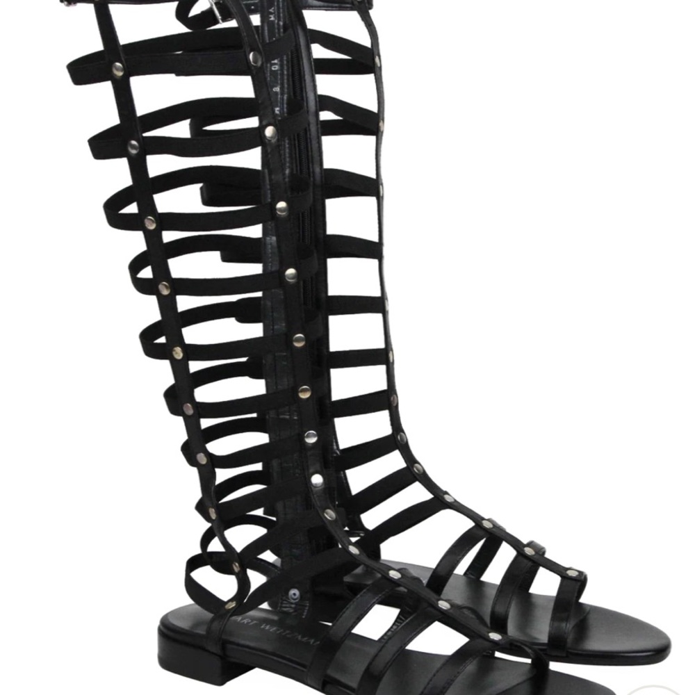 STUART WEITZMAN WOMEN'S GLADIATOR BLACK LEATHER ELASTIC STRETCH BOOTS